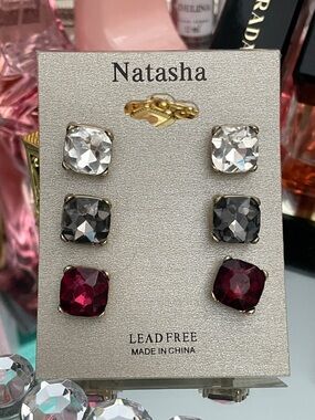 ✨Natasha Couture Trio Crystal Stud Earrings - Clear, Gray, Burgundy✨NWT